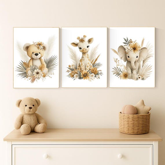Boho Safari Nursery Prints: Bear, Giraffe, Elephant - Set of 3