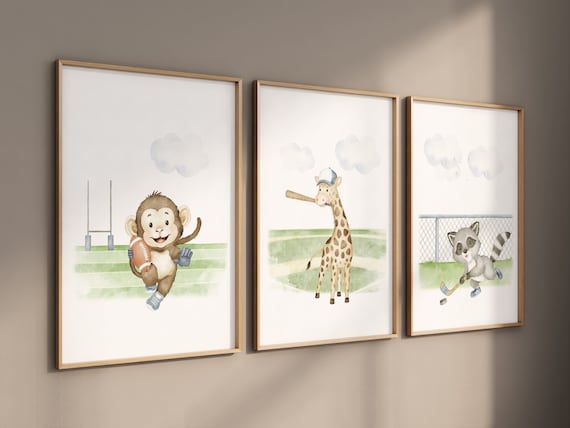 Sports nursery decor, Baby Animals Sport, Baby boy sports nursery, Safari nursery, baseball, football, hockey, sports animals, animal prints