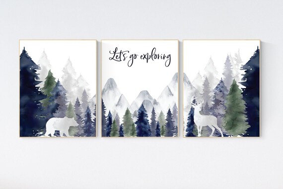 Woodland Nursery Prints, Mountain Print, sage nursery, nursery decor boy mountain, adventure theme nursery, forest, woodland animals