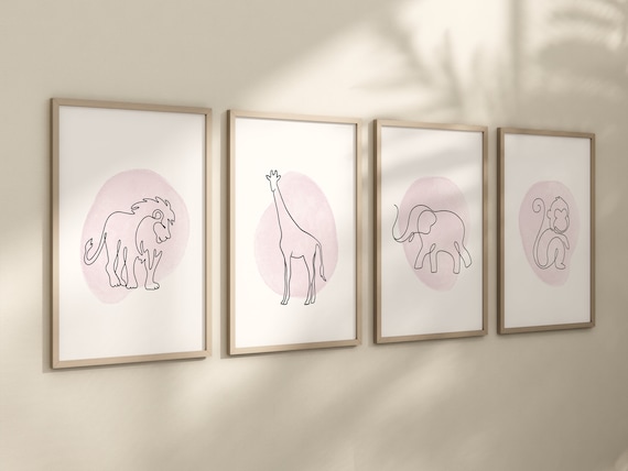 Nursery wall art animals, line art, animal nursery, gender neutral nursery, neutral nursery, pink nursery, lion, elephant, giraffe