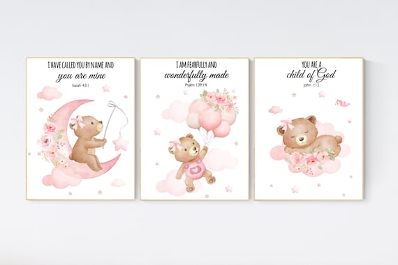 Nursery decor girl wall art, bear nursery print, pink nursery art, bear nursery wall art, teddy bear, nursery wall art, bear print nursery