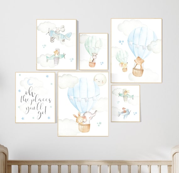 Nursery decor boy airplane, nursery decor boy hot air balloon, oh the places you'll go, nursery wall art animals, boy nursery, mint and blue