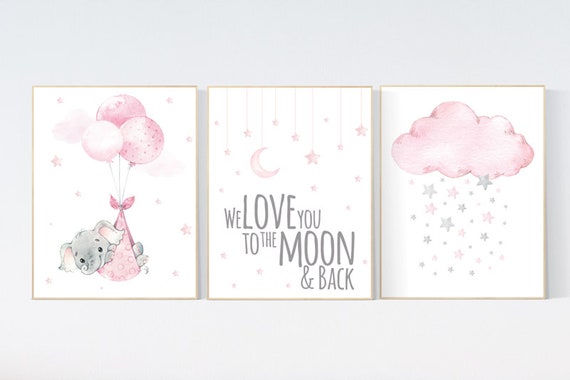 Nursery wall art girl, nursery prints elephant, pink gray, we love you to the moon and back, baby girl nursery, girl nursery ideas, moon