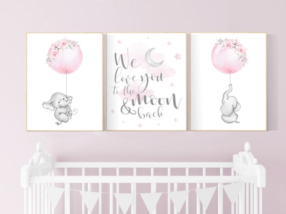 Nursery wall art girl elephant, boho nursery, we love you to the moon and back, elephant balloon, floral nursery wall decor, girls room