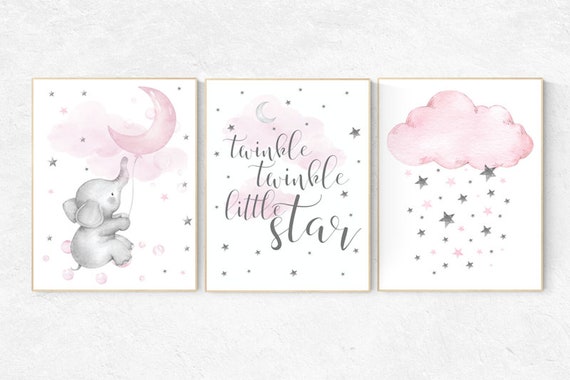 Ttwinkle twinkle little star, Moon nursery, Nursery wall art elephant, pink nursery, baby room decor girl, nursery art, baby girl room ideas