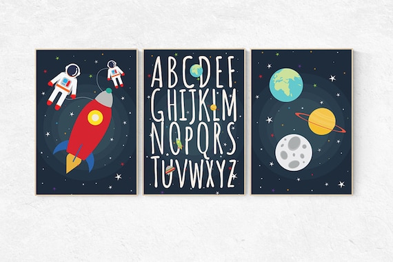 Space nursery decor, alphabet letters, alphabet nursery Art, Outer Space Room Art, set of 3 prints, Boy Nursery Space Decor, ABC nursery