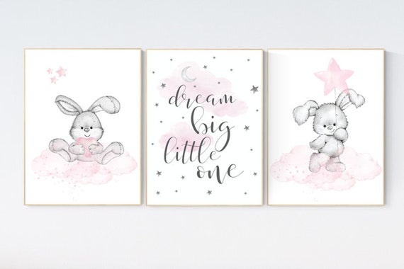 Nursery decor girl bunny, bunny print nursery, bunny print set, pink and gray nursery, rabbit nursery decor, girl nursery, bunny art
