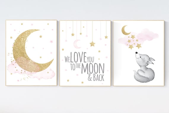 Nursery decor girl fox, nursery decor woodland, pink and gold, nursery prints animals, fox nursery decor, we love you to the moon and back