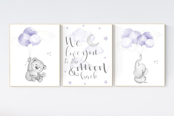 Nursery decor girl purple, elephant nursery, lavender and gray, elephant balloons, purple nursery, girl nursery ideas, lilac nursery