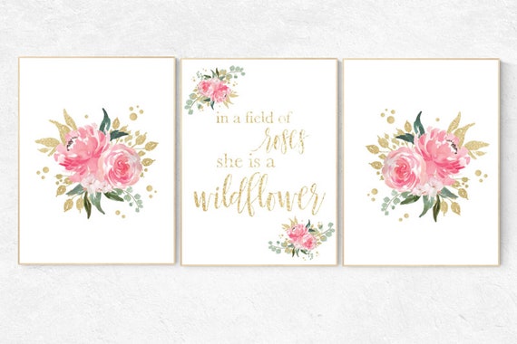 Nursery decor girl pink roses, nursery decor pink and gold, nursery decor girl flower, girls room decor flowers, pink and gold floral