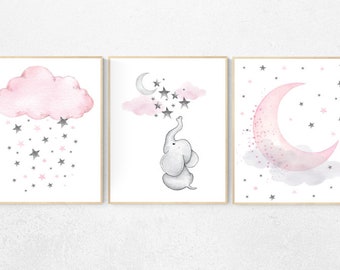 Nursery decor girl, elephant nursery print, pink and gray, nursery decor girl pink, pink and grey, moon and stars, baby girl nursery art