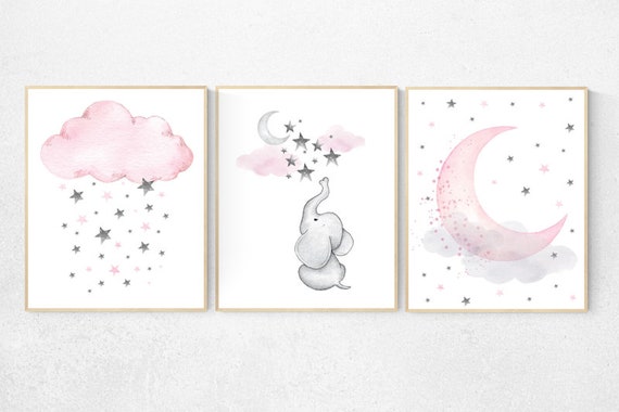 Nursery decor girl, elephant nursery print, pink and gray, nursery decor girl pink, pink and grey, moon and stars, baby girl nursery art