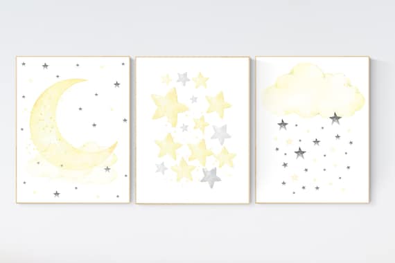 Yellow nursery decor, Yellow gray, yellow grey, moon, cloud and stars nursery, stars nursery, gender neutral, twin nursery