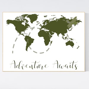 World map nursery, green world map, adventure awaits, world map wall art nursery, nursery wall art world map