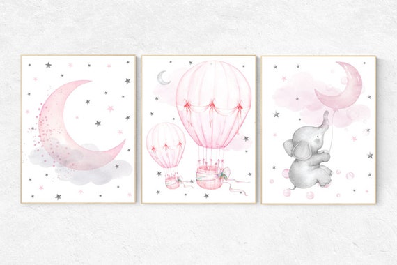 Nursery wall art girl elephant, nursery decor, hot air balloon, pink grey, cloud and stars, oh the places you'll go, baby room wall art