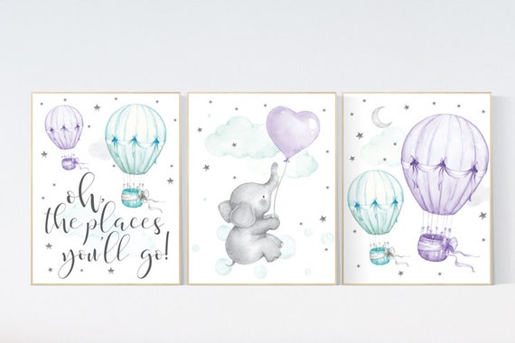 Nursery decor girl elephant, nursery decor girl purple, hot air balloon, purple mint, lavender, nursery decor girl lila, lilac mint, aqua