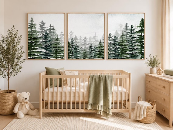 Mountain Forest Nursery Print: Sage Green Woodland Wall Art