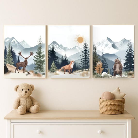 Nursery decor woodland, mountain wall art, tree nursery decor, adventure theme nursery, forest, sage green, beige, woodland animals