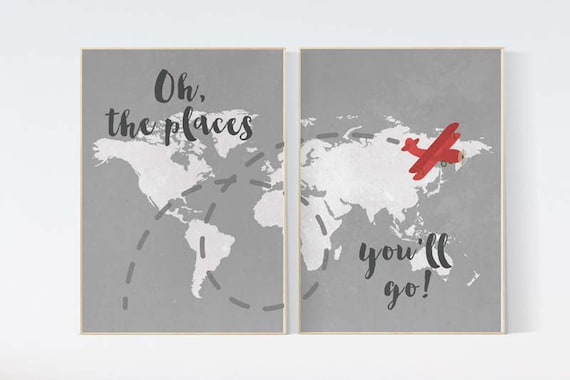 Oh the places you'll go, gray nursery decor, travel nursery decor, World Map wall art, world map nursery, navy gray nursery, grey nursery