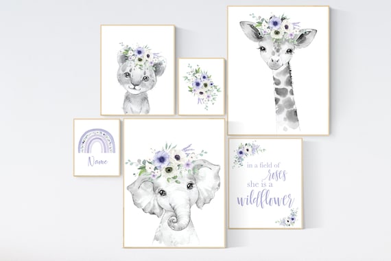 Nursery decor girl purple, animal nursery, Safari animals, Floral Nursery Prints, purple nursery, girls nursery decor, elephant nursery