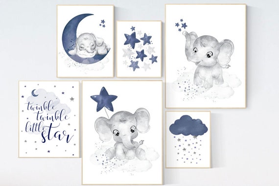 Nursery decor boy elephant, navy blue nursery wall art, cloud, stars, navy nursery, boy nursery wall art, twinkle twinkle little star