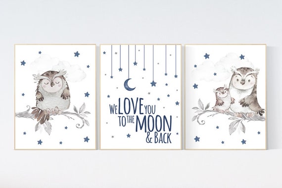 Navy nursery, we love you to the moon and back, nursery wall art boy, owl print nursery, owl print baby, navy blue, Nursery decor boy owls