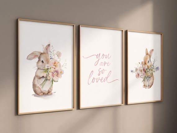 Nursery wall art girl bunnies, bunny nursery print, Bunny Floral Watercolor Prints, bunny nursery decor, Wildflower Nursery, bunny nursery