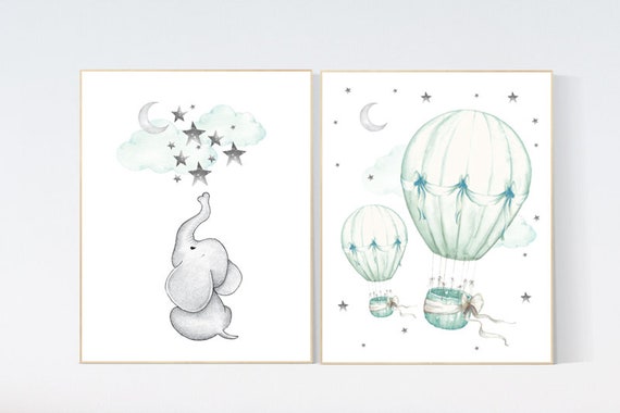 Nursery decor elephant, Mint nursery decor, hot air balloon, gender neutral nursery, nursery decor turquoise, mint green nursery wall art