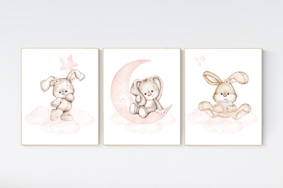 Nursery wall art bunny, blush nursery decor, Nursery decor girl flower bunny, bunny print nursery girl, rabbit nursery, rabbit print nursery