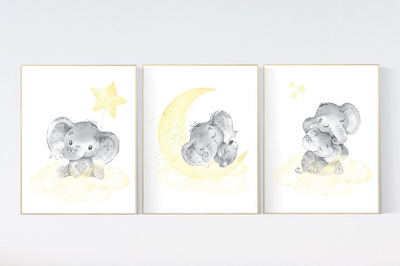 Yellow nursery wall art, elephant nursery wall decor, gender neutral, yellow gray, yellow grey, neutral nursery, baby room wall art, moon