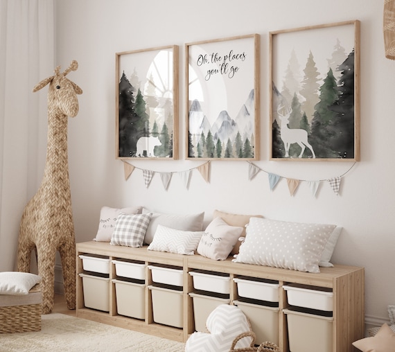 Woodland nursery, mountain wall art, tree nursery decor, adventure theme nursery, forest, sage green, beige, woodland animals