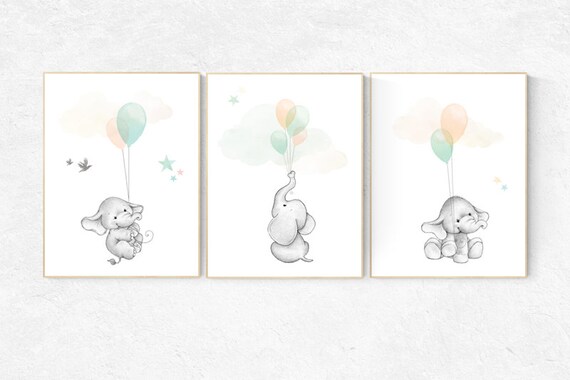 Mint and watermelon nursery, Nursery decor animals, neutral nursery, elephant nursery, mint nursery, gender neutral, mint and coral nursery