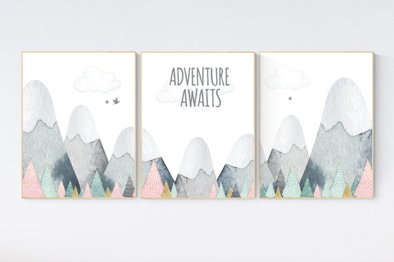 Nursery decor girl mountain, adventure nursery, adventure theme nursery, woodland, gender neutral, adventure awaits, mountains, forest