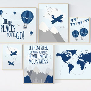 Aventura de menino de decoração de berçário, deixe-o dormir porque quando acordar ele moverá montanhas, avião de menino de decoração de berçário, berçário de mapa mundial, marinha