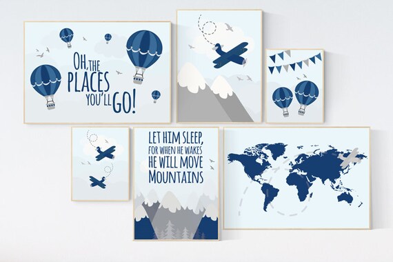 Nursery decor boy adventure, let him sleep for when he wakes he will move mountains, nursery decor boy airplane, world map nursery, navy