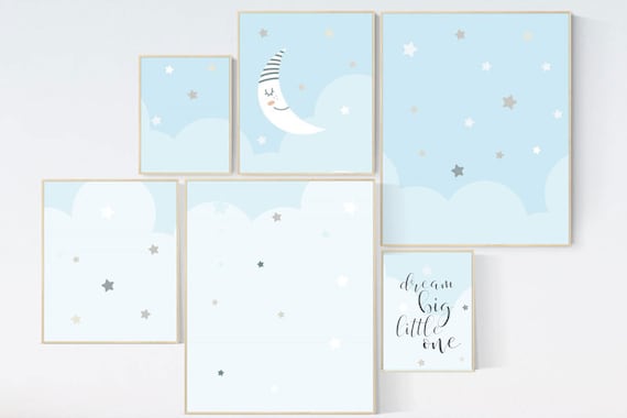 Nursery prints boy, nursery decor boy sky, sky nursery, baby room wall art boy, moon nursery art, moon and stars decor, baby blue room art