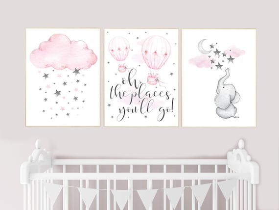 Nursery decor girl elephant, pink grey nursery, pink gray, hot air balloon, cloud, moon and stars, nursery wall art, girl nursery ideas