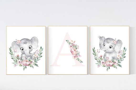 Nursery decor girl flower, blush, elephant nursery wall art, nursery decor girl floral, nursery decor girl woodland, floral nursery, boho