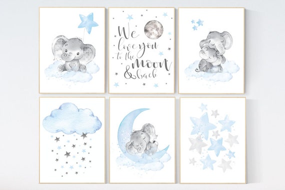 Nursery decor boy elephant, we love you to the moon and back, Blue and gray, moon and stars. nursery wall art boy elephant, baby blue, stars