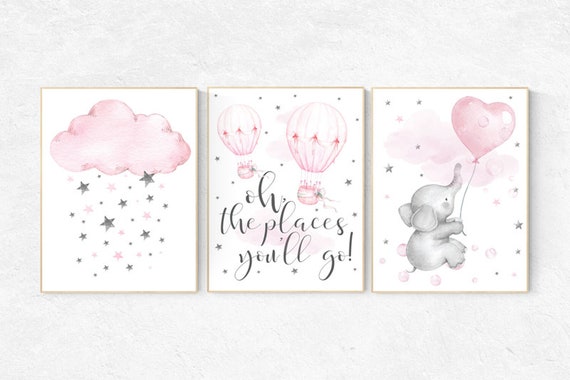 Nursery decor girl elephant, hot air balloon, pink and grey, cloud and stars, oh the places you'll go, nursery wall art, pink and gray