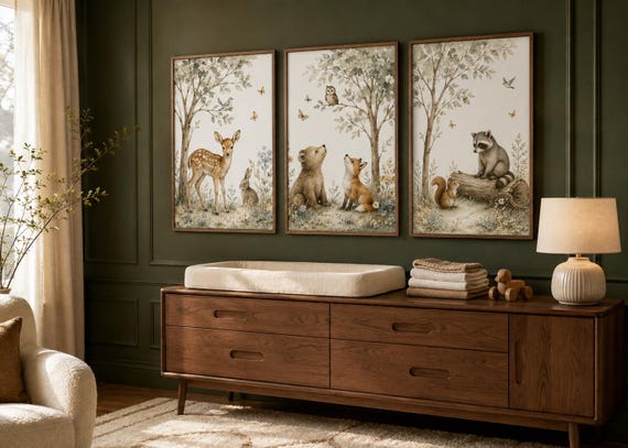 Woodland Nursery Wall Art Set of 3, Forest Animal Prints, Deer Bear Fox Raccoon