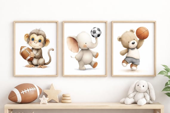 Baby Animal Sports Nursery Prints, Safari Playroom Wall Art