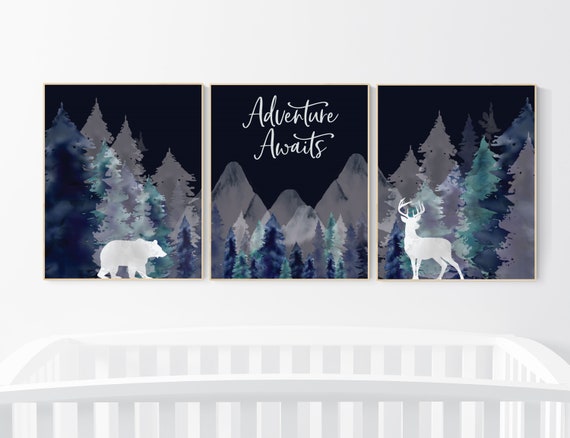 Nursery decor boy woodland, mountain wall art, tree nursery decor, adventure theme nursery, forest, navy and teal, woodland animals