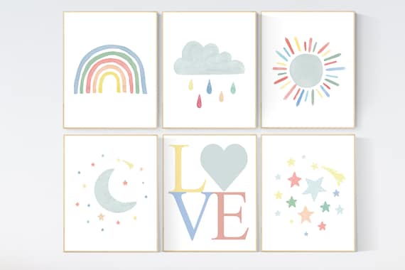 Nursery decor rainbow, neutral Rainbow Wall Art, rainbow Print Set, Cloud Rainbow Sun, Rainbow Wall Art, gender neutral, Watercolor Rainbow