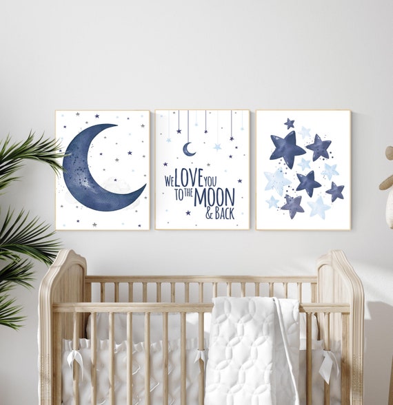 Nursery decor boy navy blue, Nursery wall art boy, navy nursery decor, we love you to the moon and back, nursery prints boy, moon prints