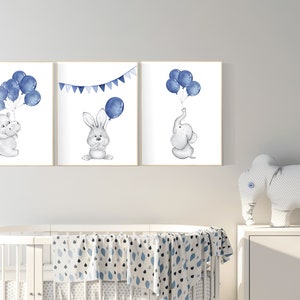 Kinderkamer decor jongen, marine kinderkamer kunst, marine blauw. olifant, konijn, nijlpaard, Baby Animal Nursery Art, Bosdieren, Kwekerij Prints, baby jongen
