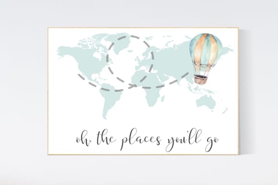 Oh the places you will go, world map, mint nursery print, baby room, nursery room decor, world map, travel themed nursery, travel nursery