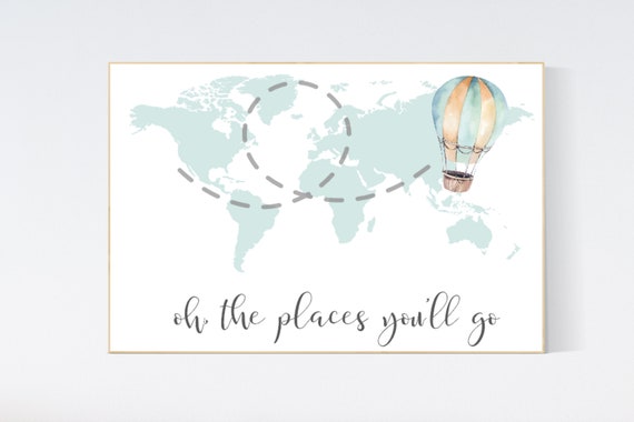 Oh the places you will go, world map, mint nursery print, baby room, nursery room decor, world map, travel themed nursery, travel nursery