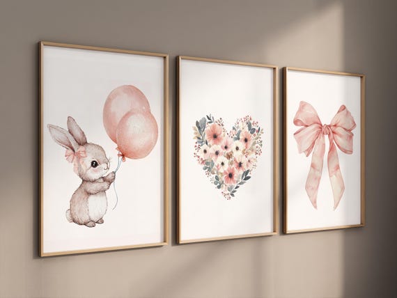 Blush pink bunny nursery art, watercolor rabbit print, floral heart wall decor, pastel bow baby room print, baby girl nursery wall art
