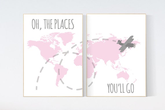 Oh the places you'll go, travel nursery decor, World Map wall art, world map nursery pink nursery decor baby girl nursery nursery decor girl